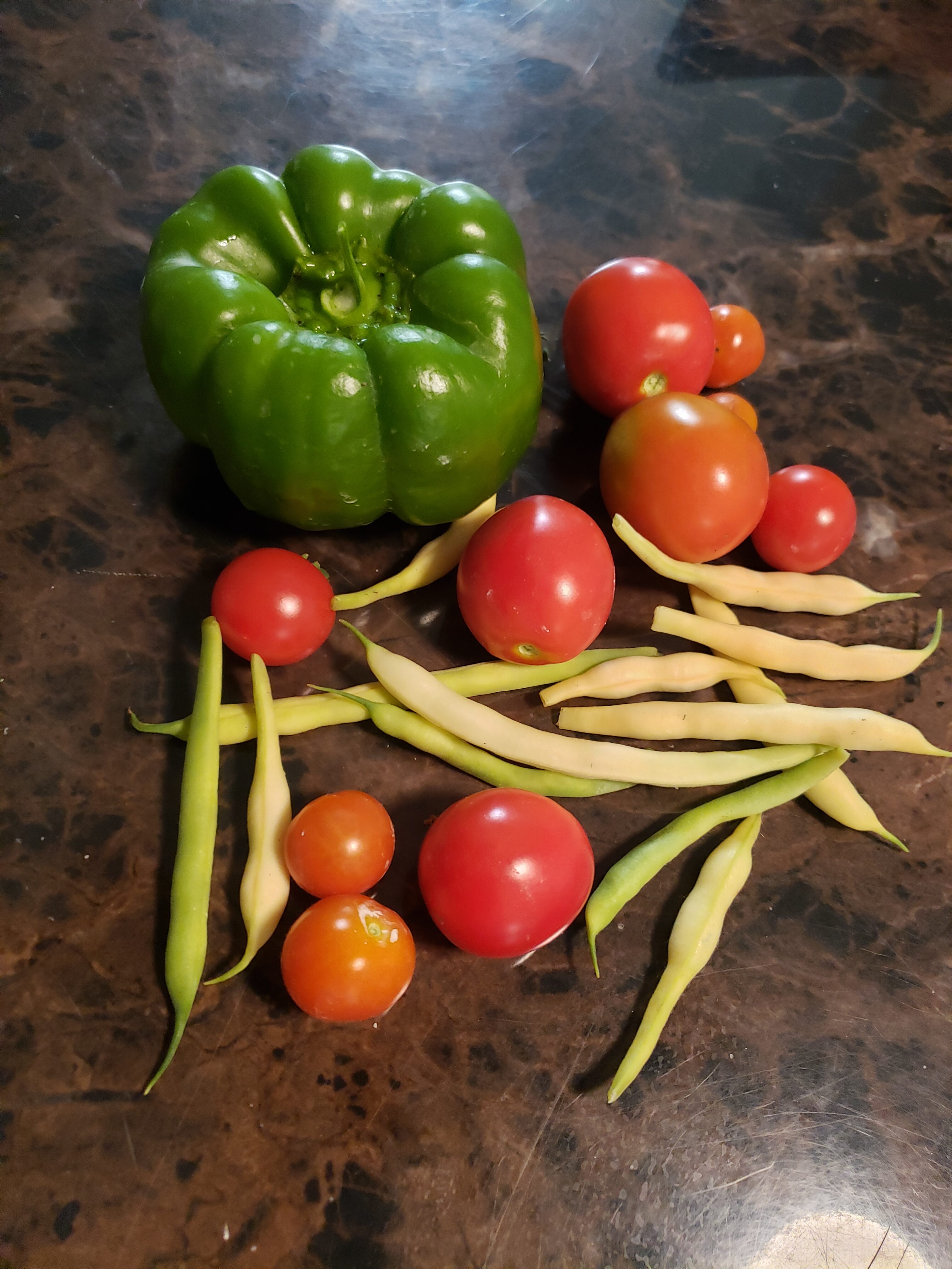 Assorted fresh vegetables including bell pepper, tomatoes, and green beans on a dark surface.
