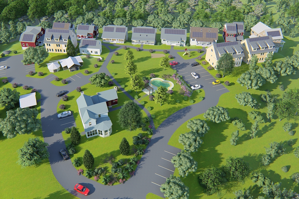 Aerial view of Emerson Commons cohousing with houses, green spaces, and parking.