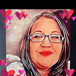 AI-generated portrait of Darcy Myrick with colorful heart overlays.
