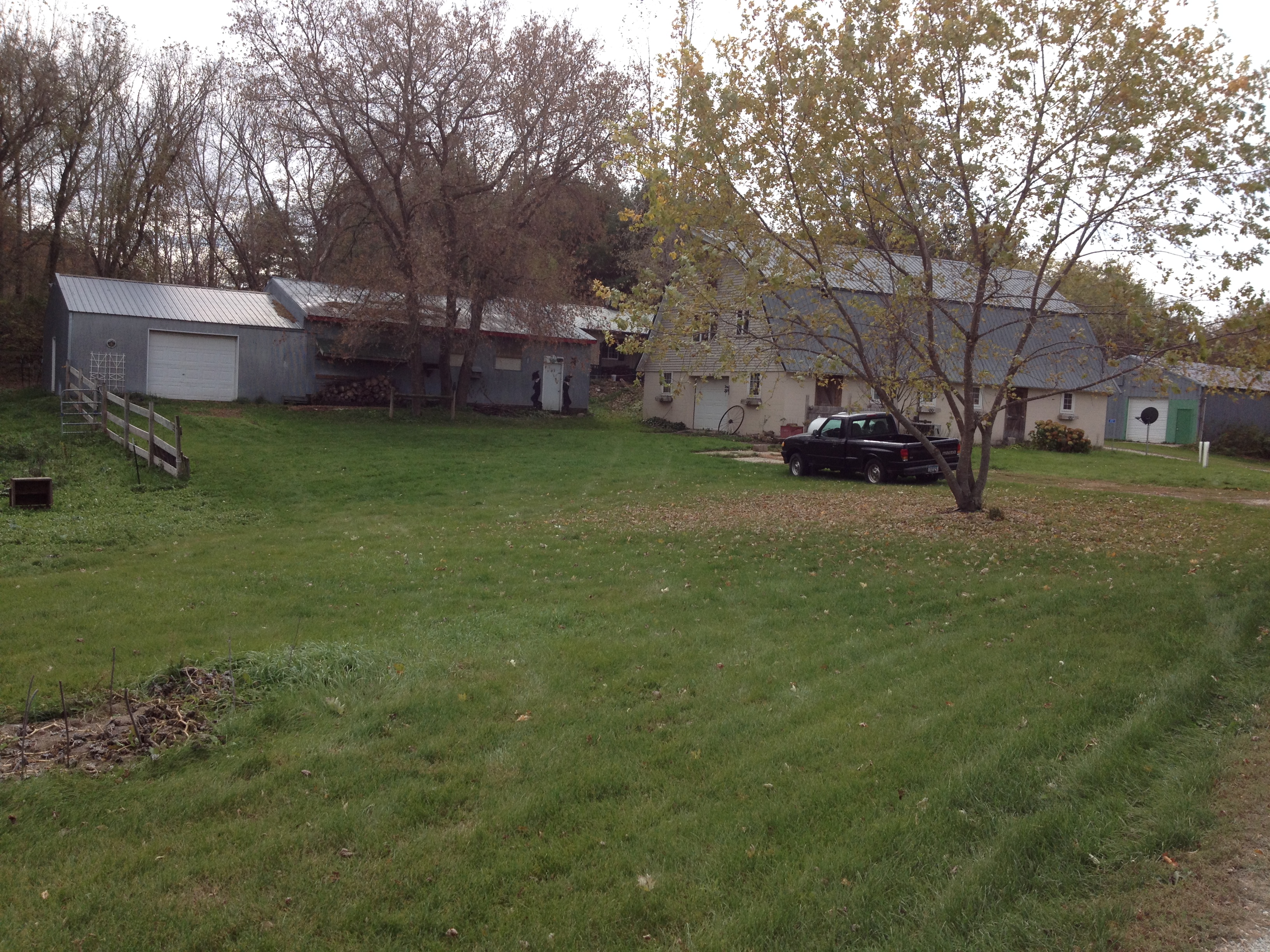 Scenic rural community with houses, trees, and a parked car.