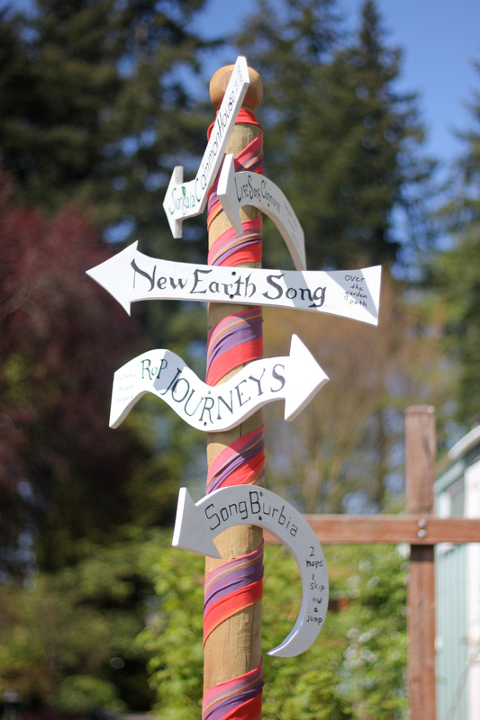 Colorful signpost with community and nature themes at Songaia Cohousing.