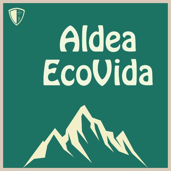 Aldea EcoVida logo with mountain graphic and community shield.
