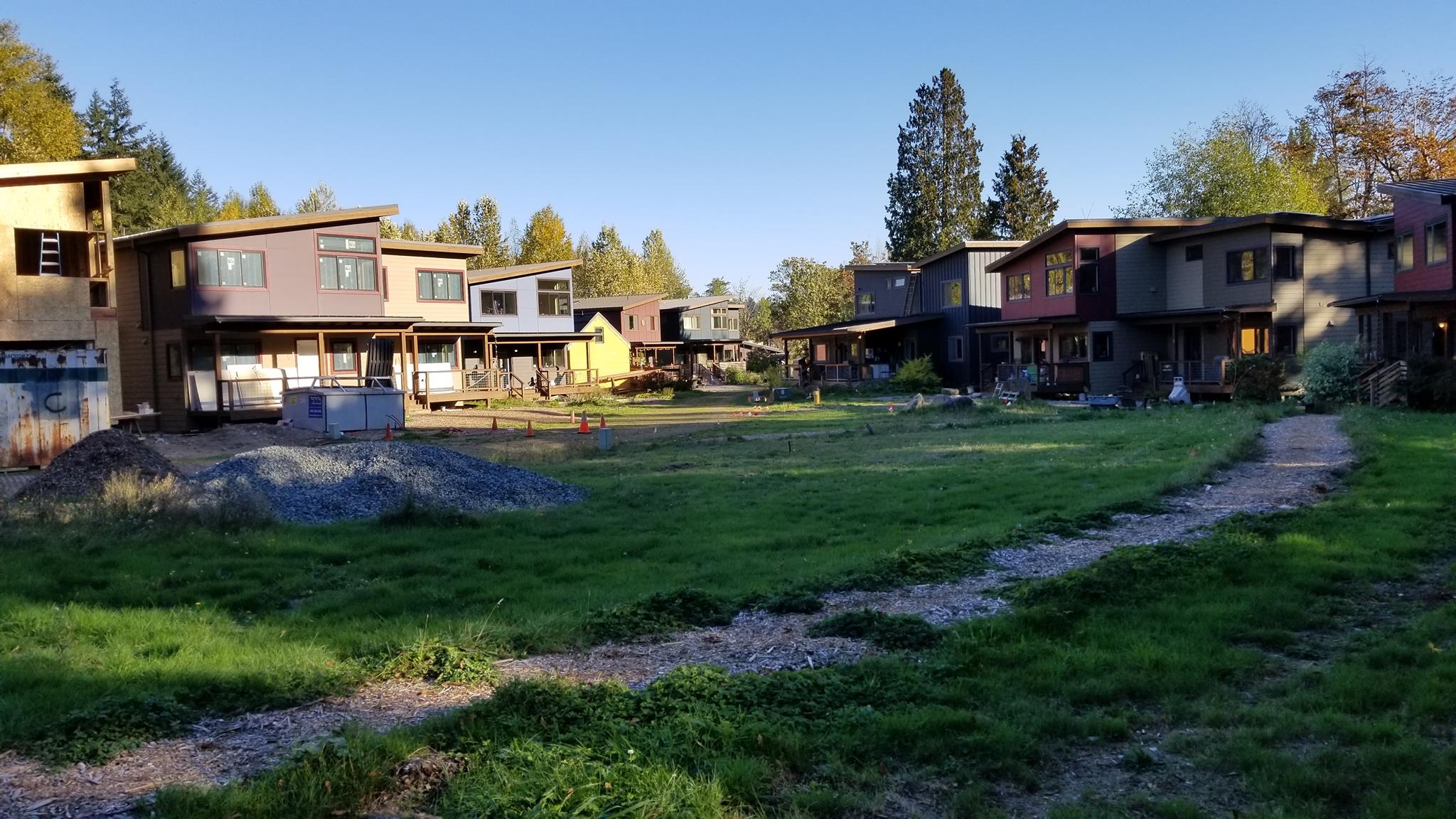 Eco-friendly community homes at Clearwater Commons in a lush green setting.