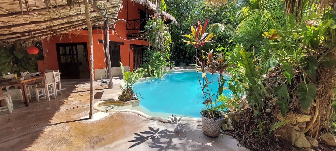 Relaxing pool surrounded by lush tropical plants at The Essence community.