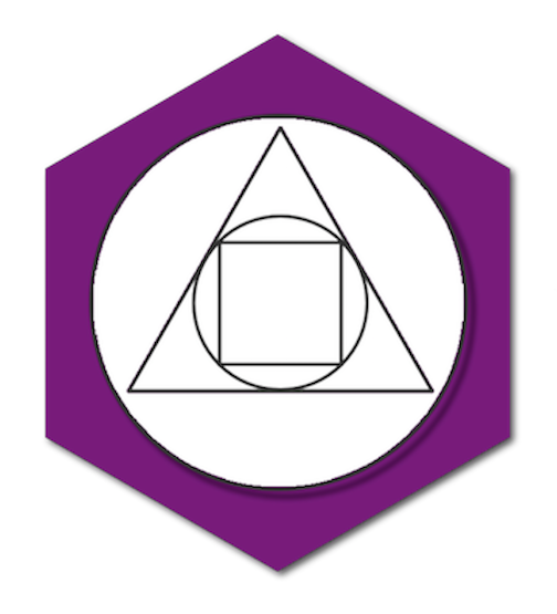 Geometric logo with triangle, circle, and square inside a purple hexagon.