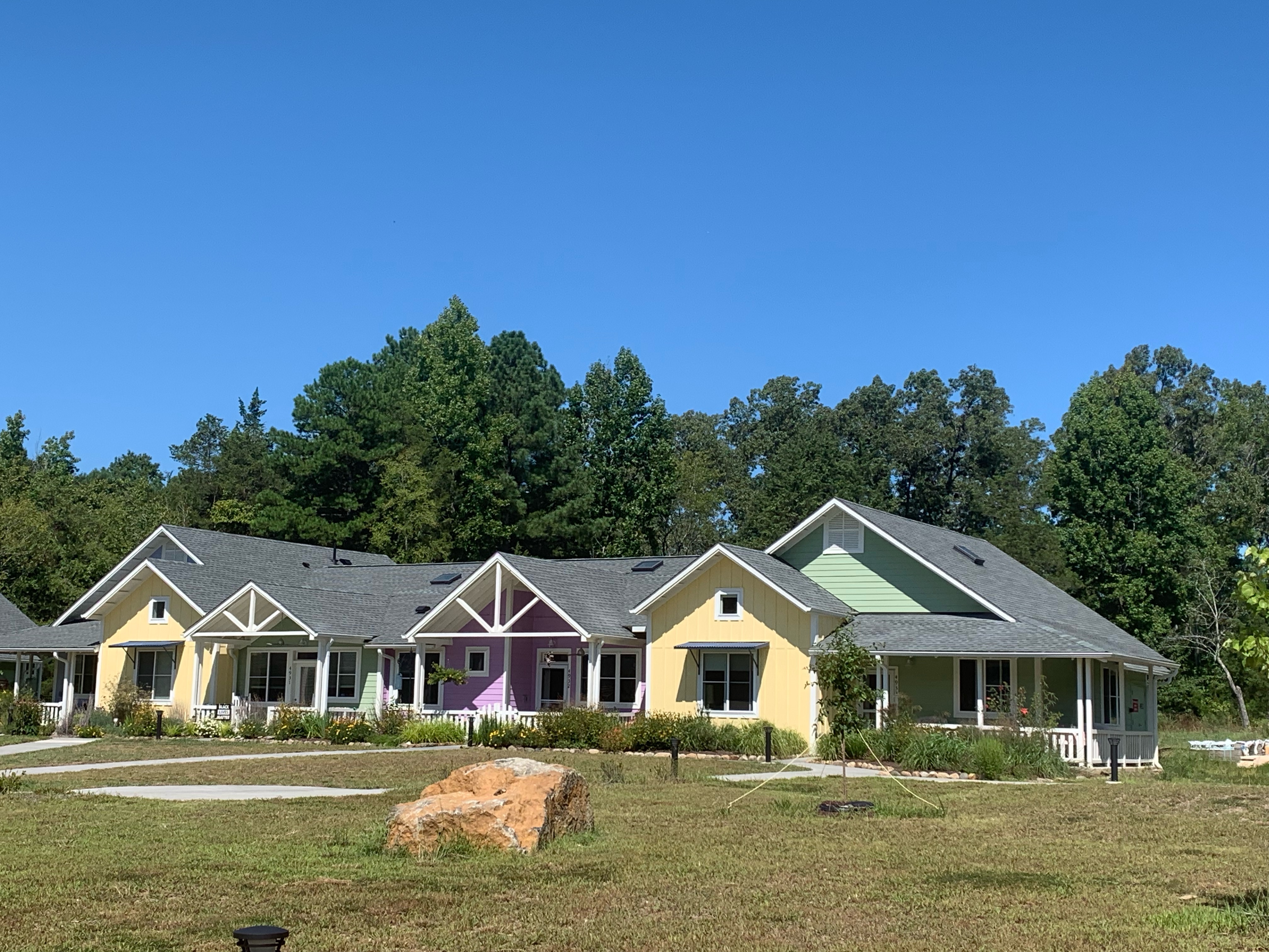 Colorful cohousing homes with lush green surroundings and clear blue sky.