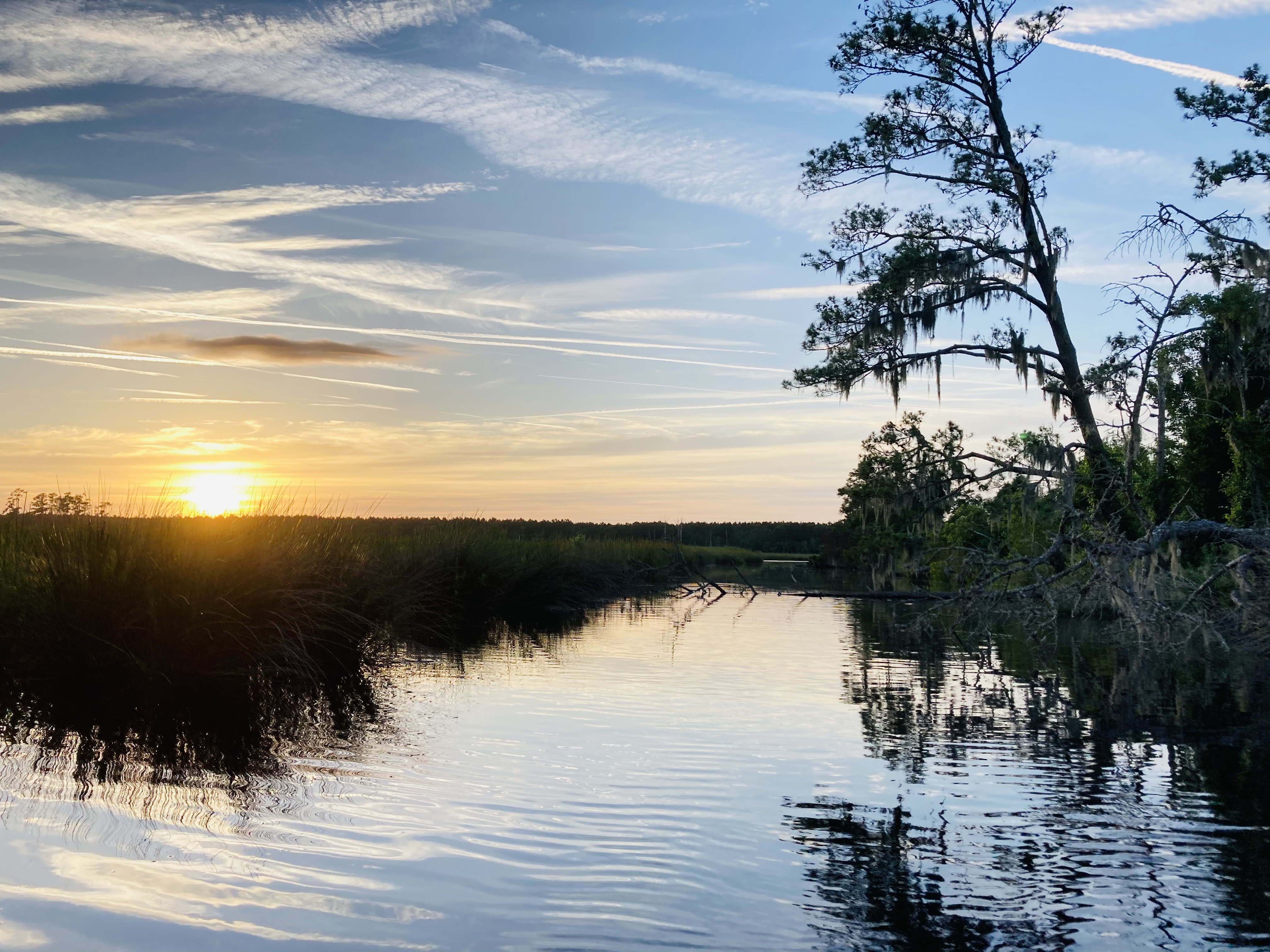 Scenic sunset over river with trees in Aurora eco village.