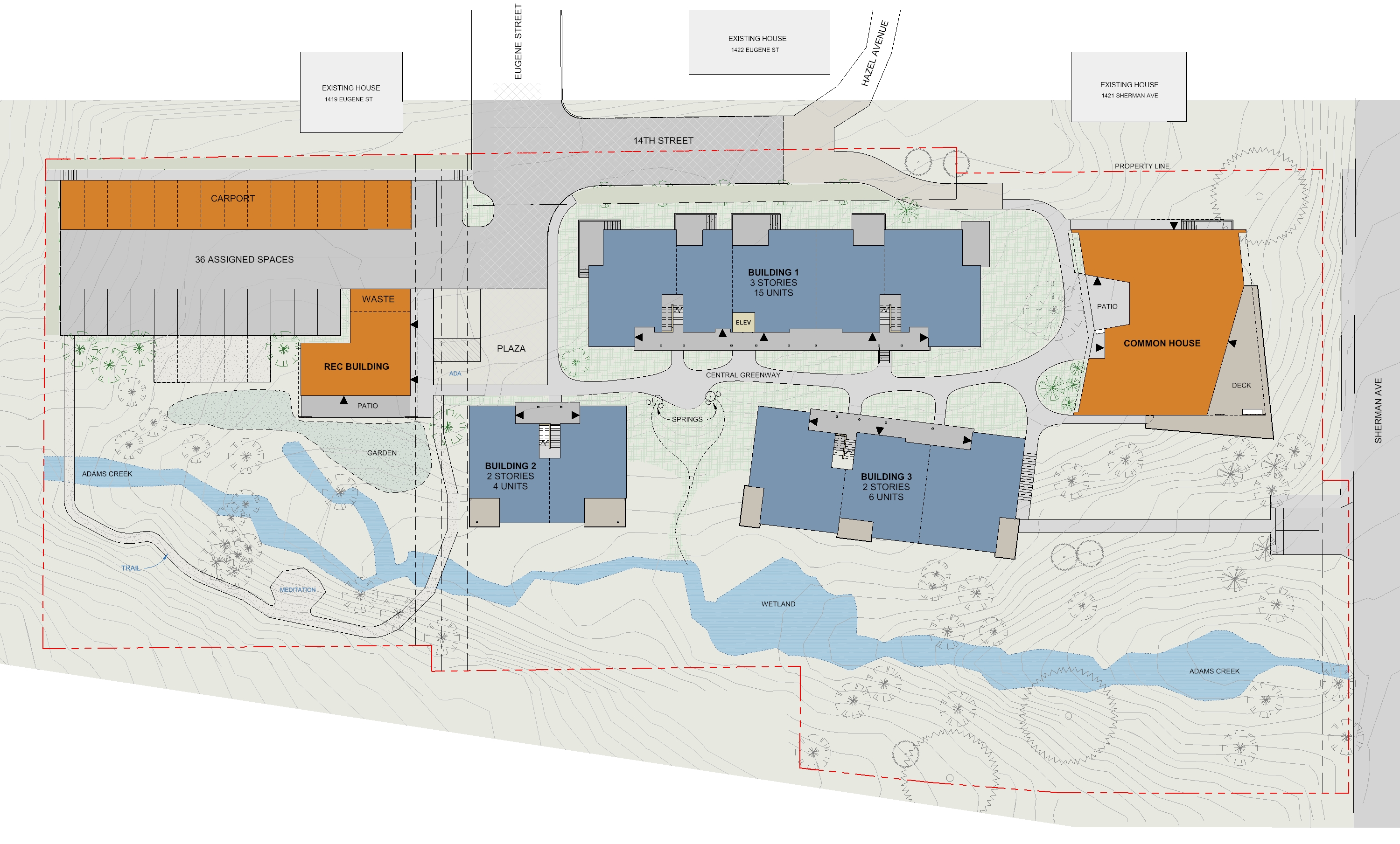 Site plan of Adams Creek Cohousing community with buildings, roads, and natural features.