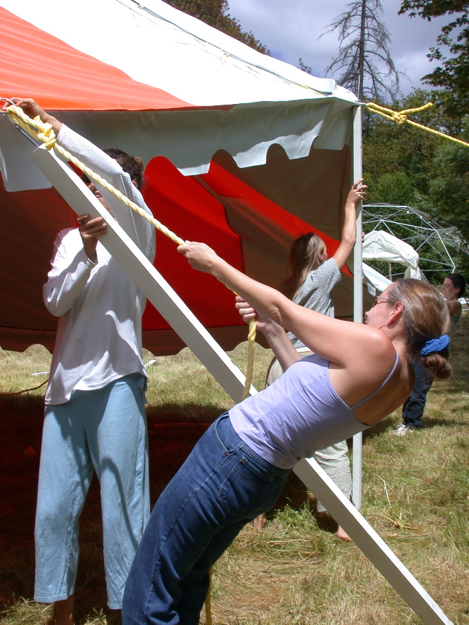 People assembling a large outdoor tent for community gathering or event.