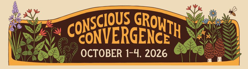 Conscious Growth Convergence event banner with floral design and dates.