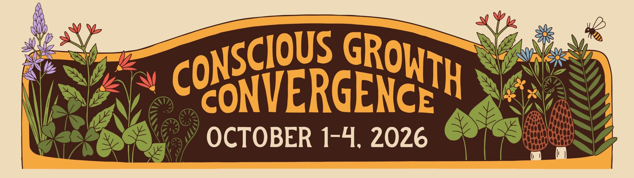 Conscious Growth Convergence event banner with floral design and dates.