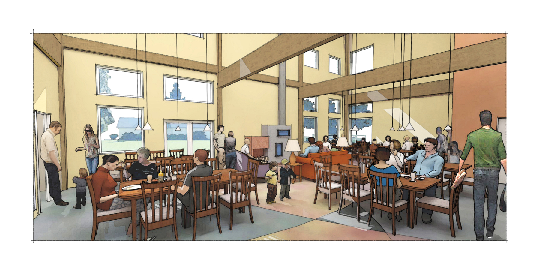 Interior of community meeting room with people gathered around tables.