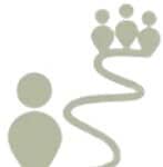 Illustration of a person with a winding path leading to a crown of people.