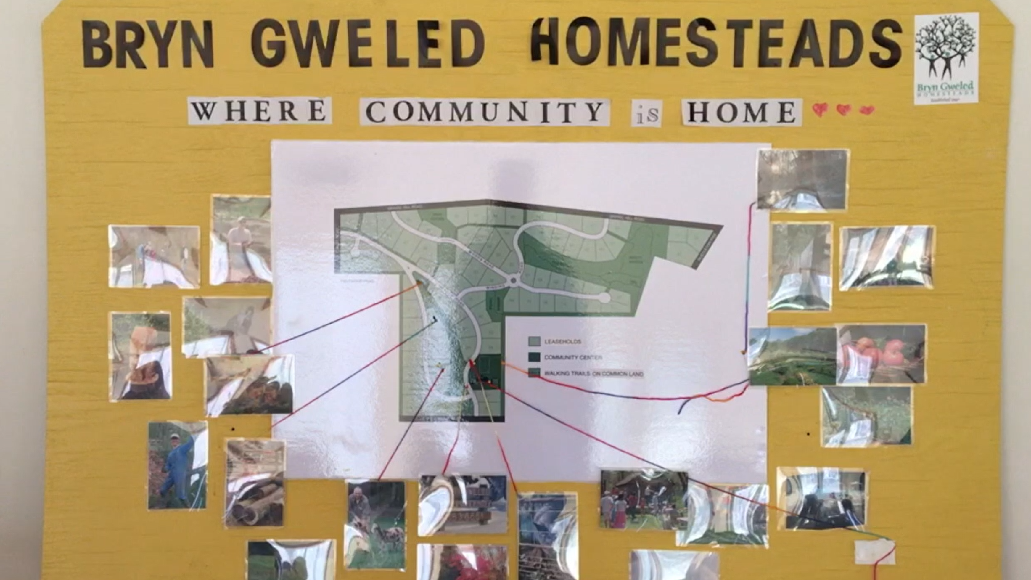 Community map of Bryn Gweled Homesteads with photos of residents and features.