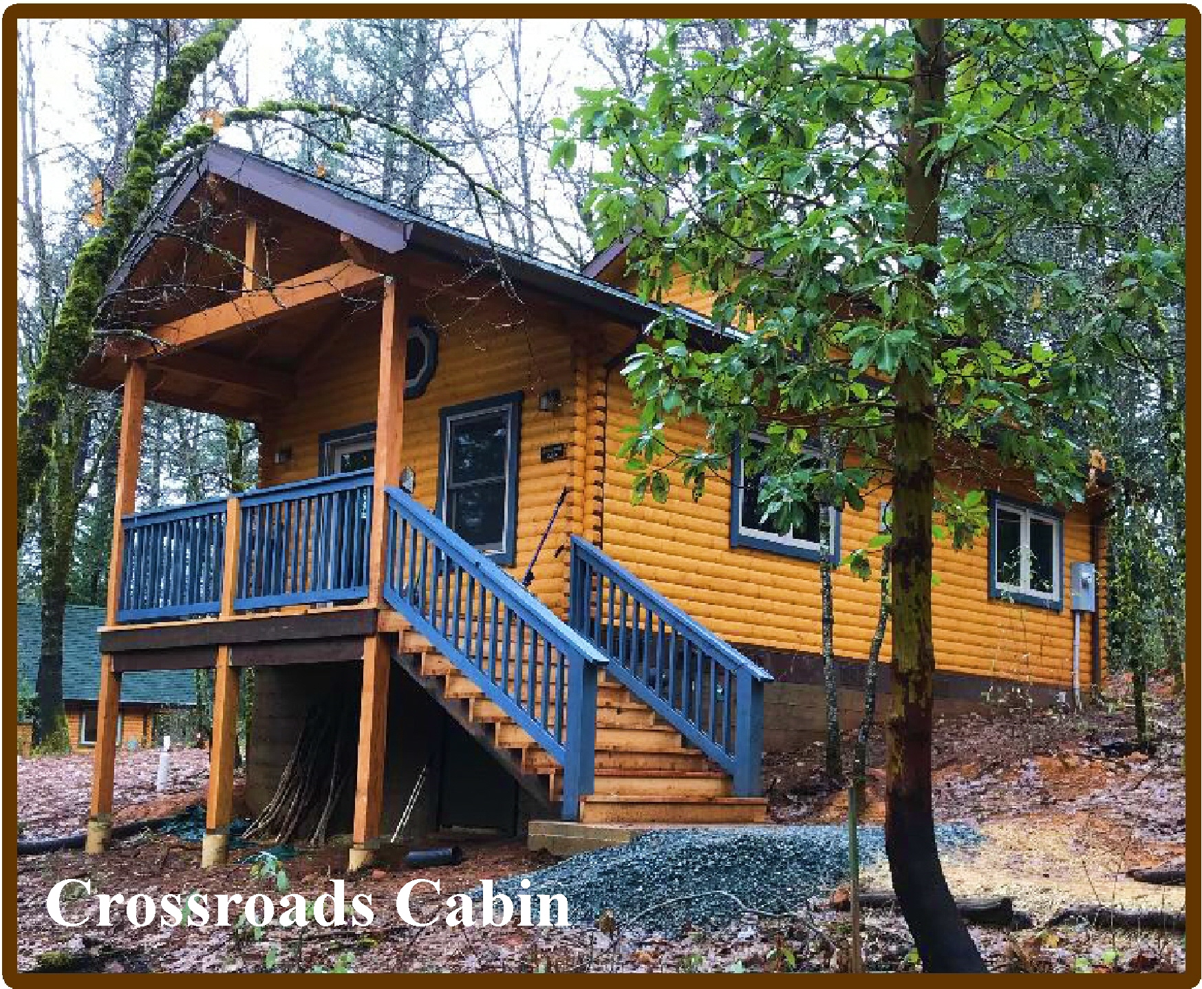 Cozy wooden cabin with blue railing in a wooded area.