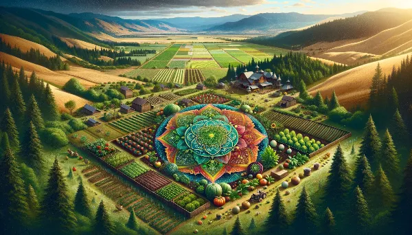 Vibrant community garden with colorful mandala art in a scenic valley.