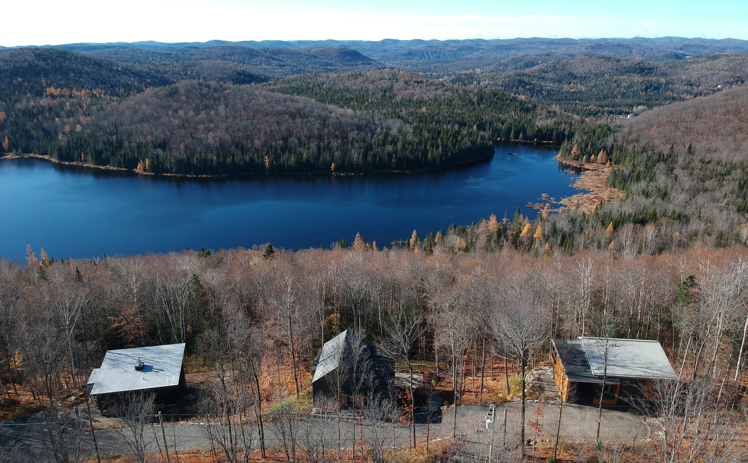 Aerial view of a lake with surrounding forest and small cabins.