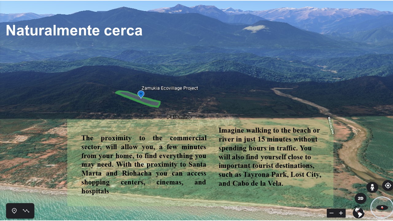 Scenic view of Zamukia Ecovillage surrounded by mountains and greenery.
