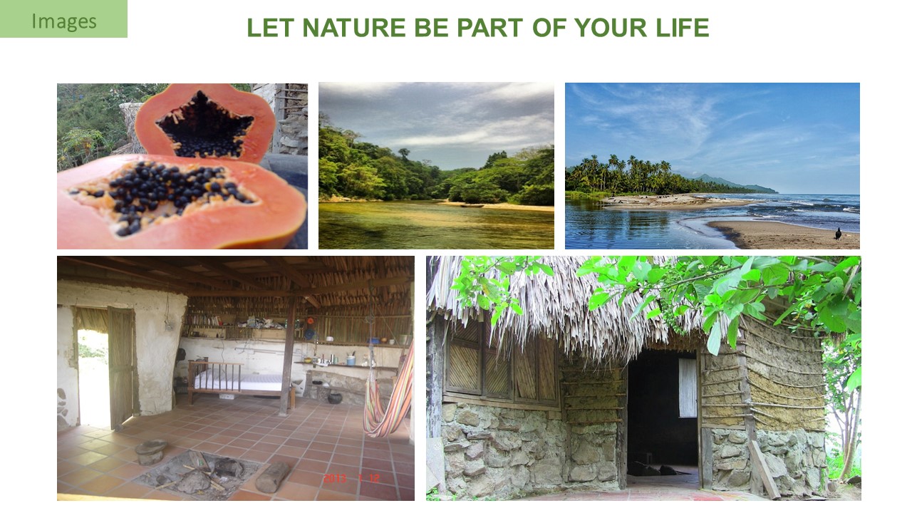 Scenic views of nature, river, and eco-friendly village structures.