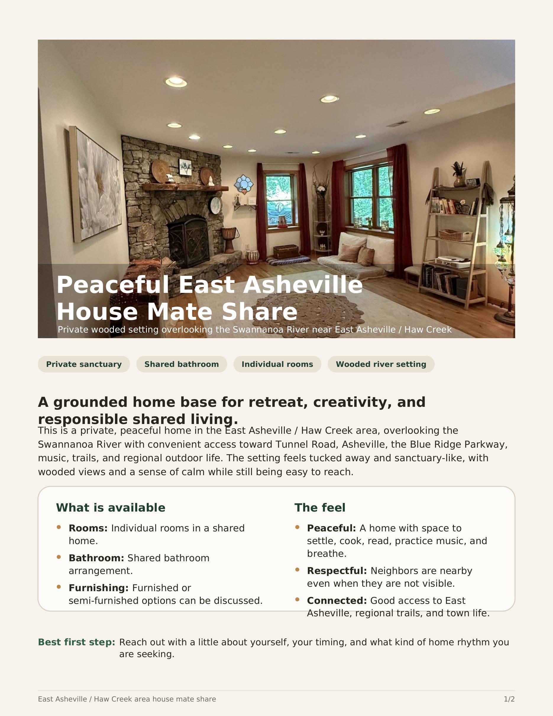Peaceful East Asheville house share with woodland setting and shared amenities.