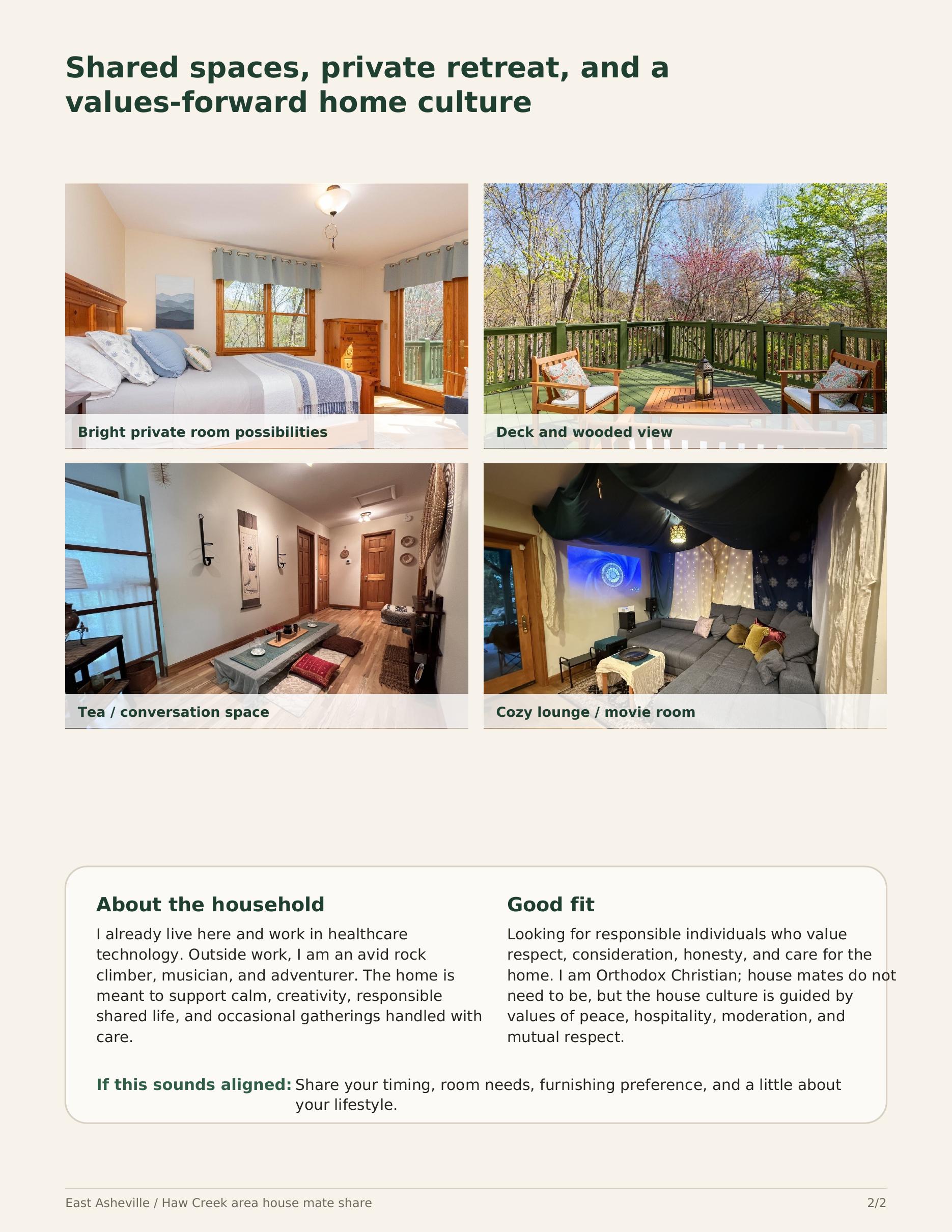 Interior and exterior views of the Forest House Share in East Asheville.