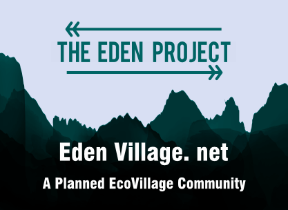 Logo for The Eden Project eco-village community with mountain background.