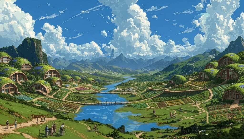 Futuristic eco-village with green domes and lush landscape under a bright sky.