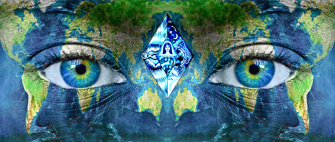 Artistic image of human eyes with world map and earth elements.