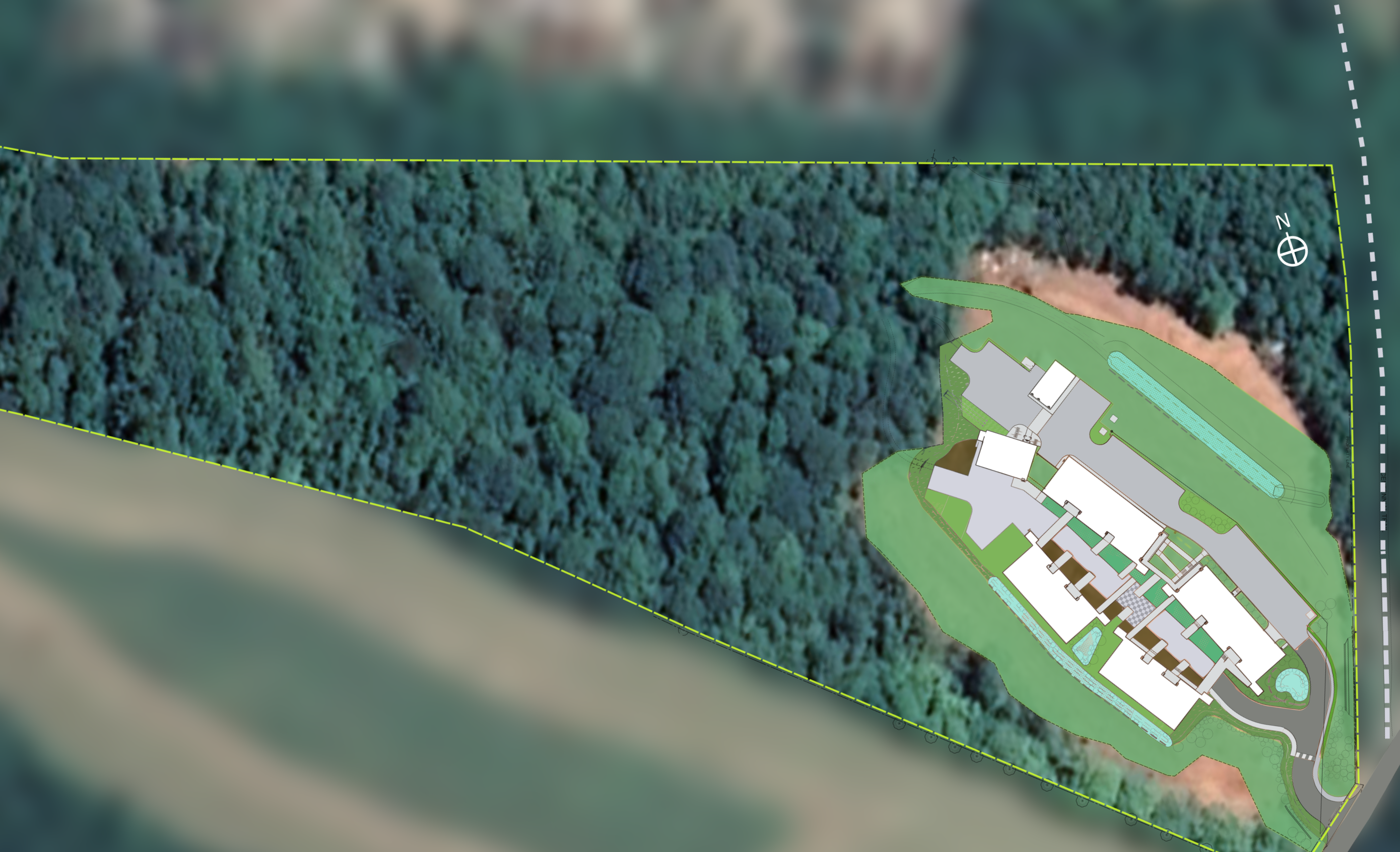 Aerial view of ecohousing community with treehouses and green spaces.
