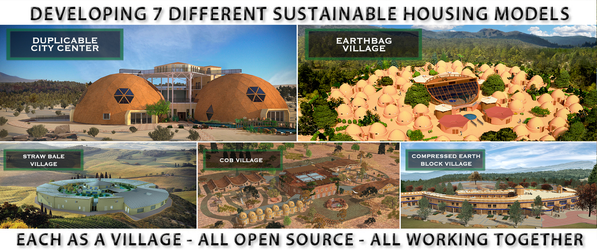Illustration of seven sustainable housing models by the Foundation for Intentional Community.