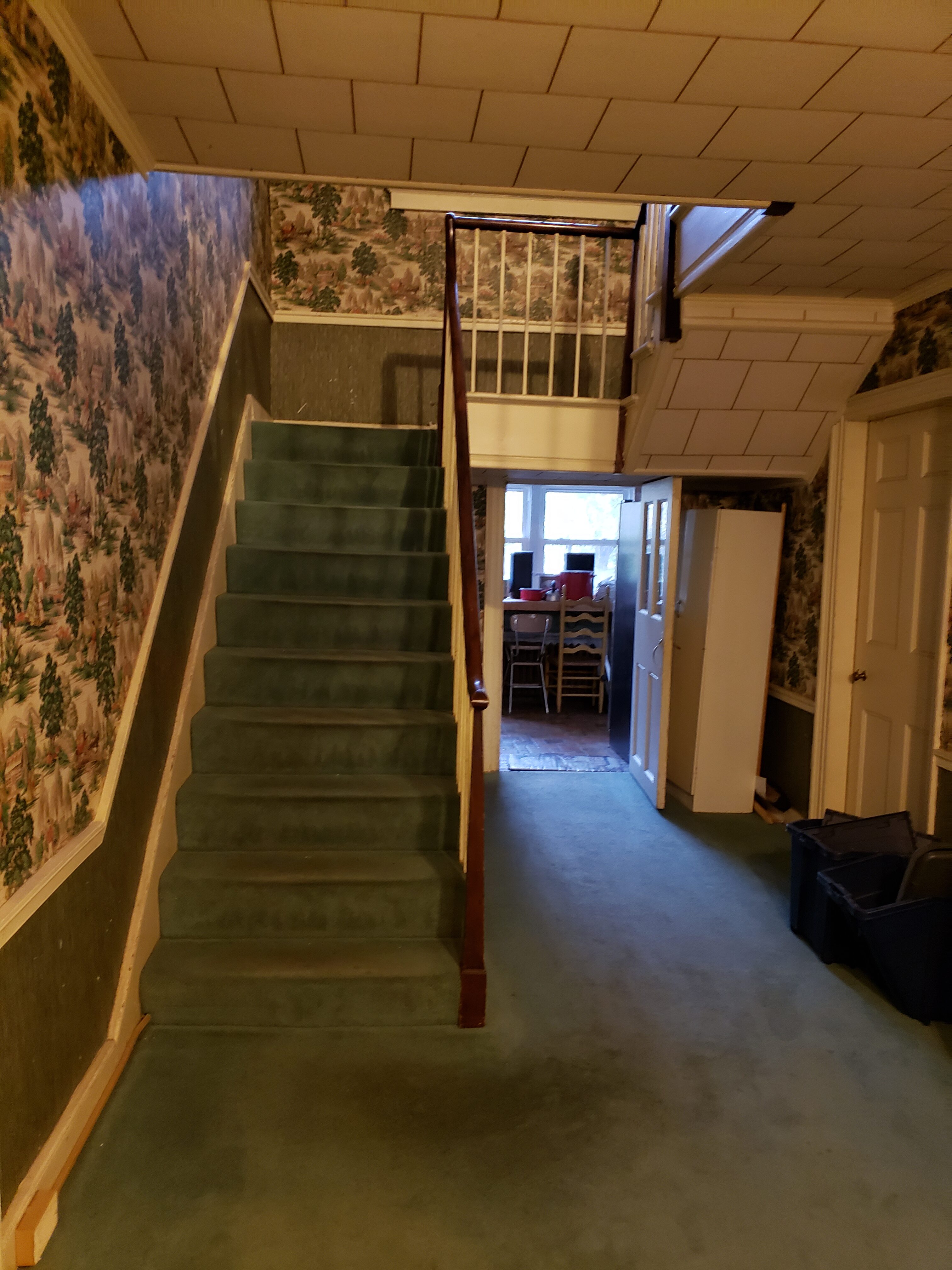 Indoor staircase with green carpet and floral wallpaper in a home.