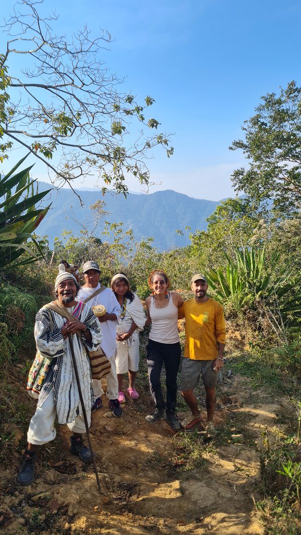 People hiking in lush green landscape with mountains in the background.