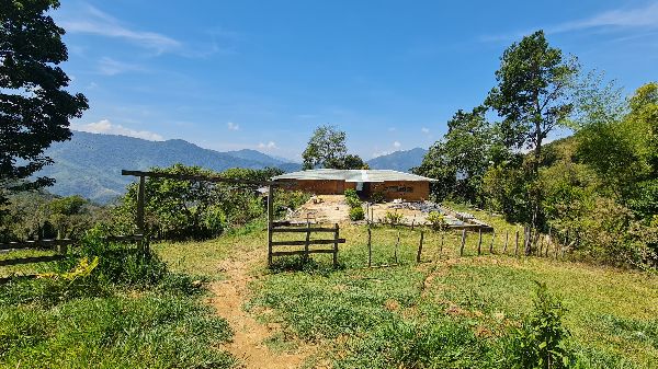 Scenic view of a rural community center surrounded by trees and mountains.