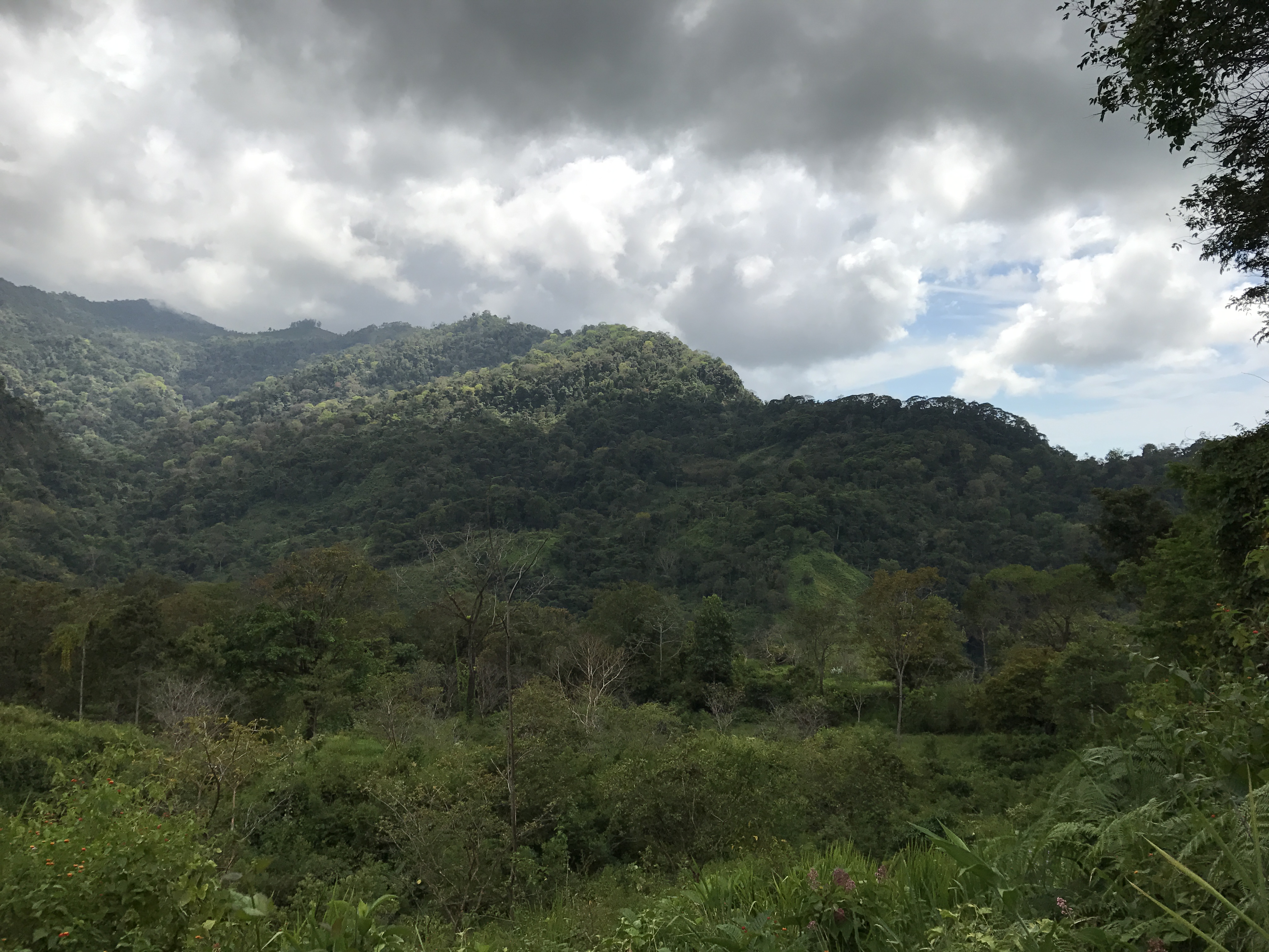 Beautiful green mountains under cloudy sky at RiverFalls Village.