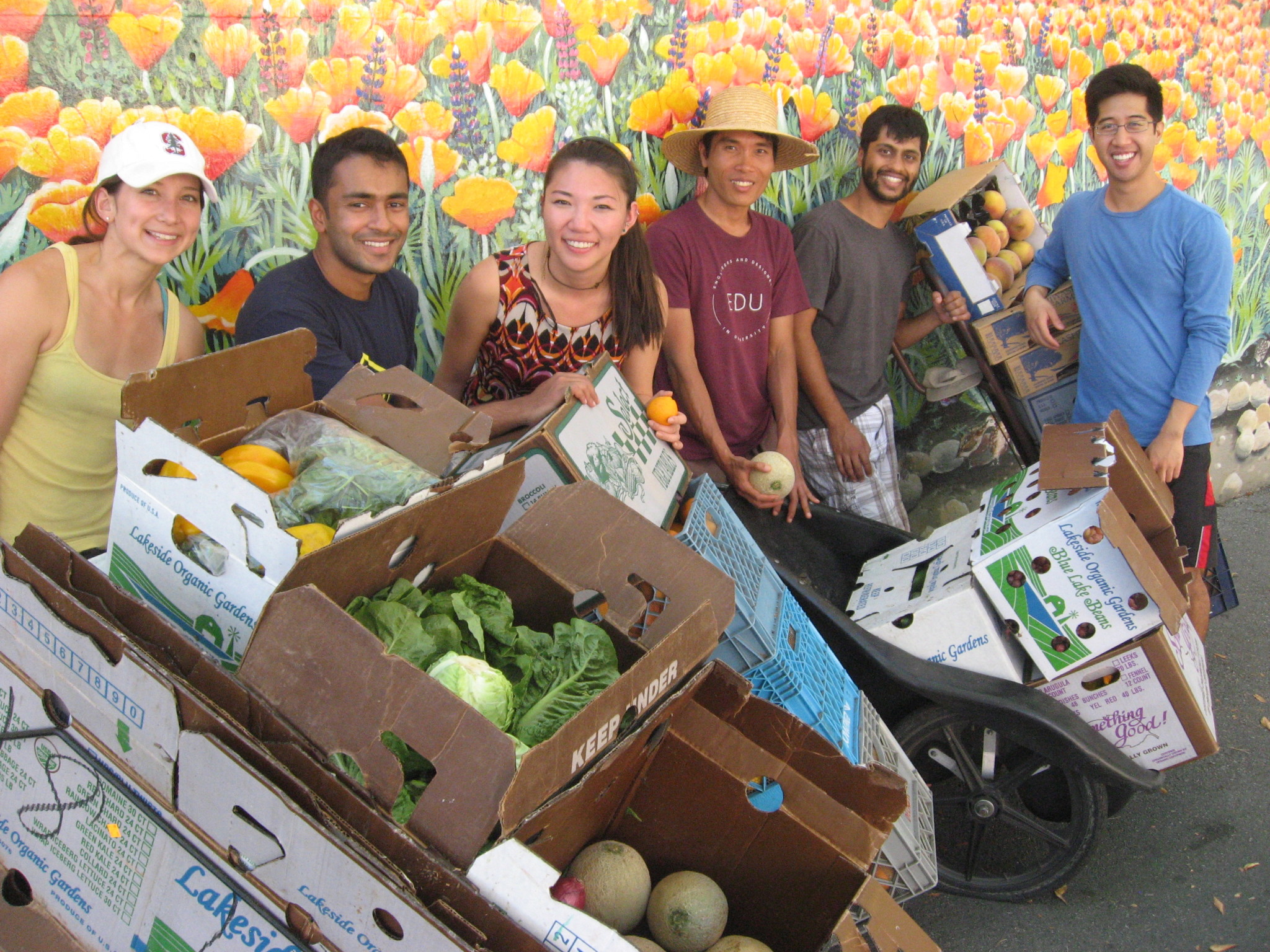 Diverse group of people with fresh vegetables and fruits at a community market.