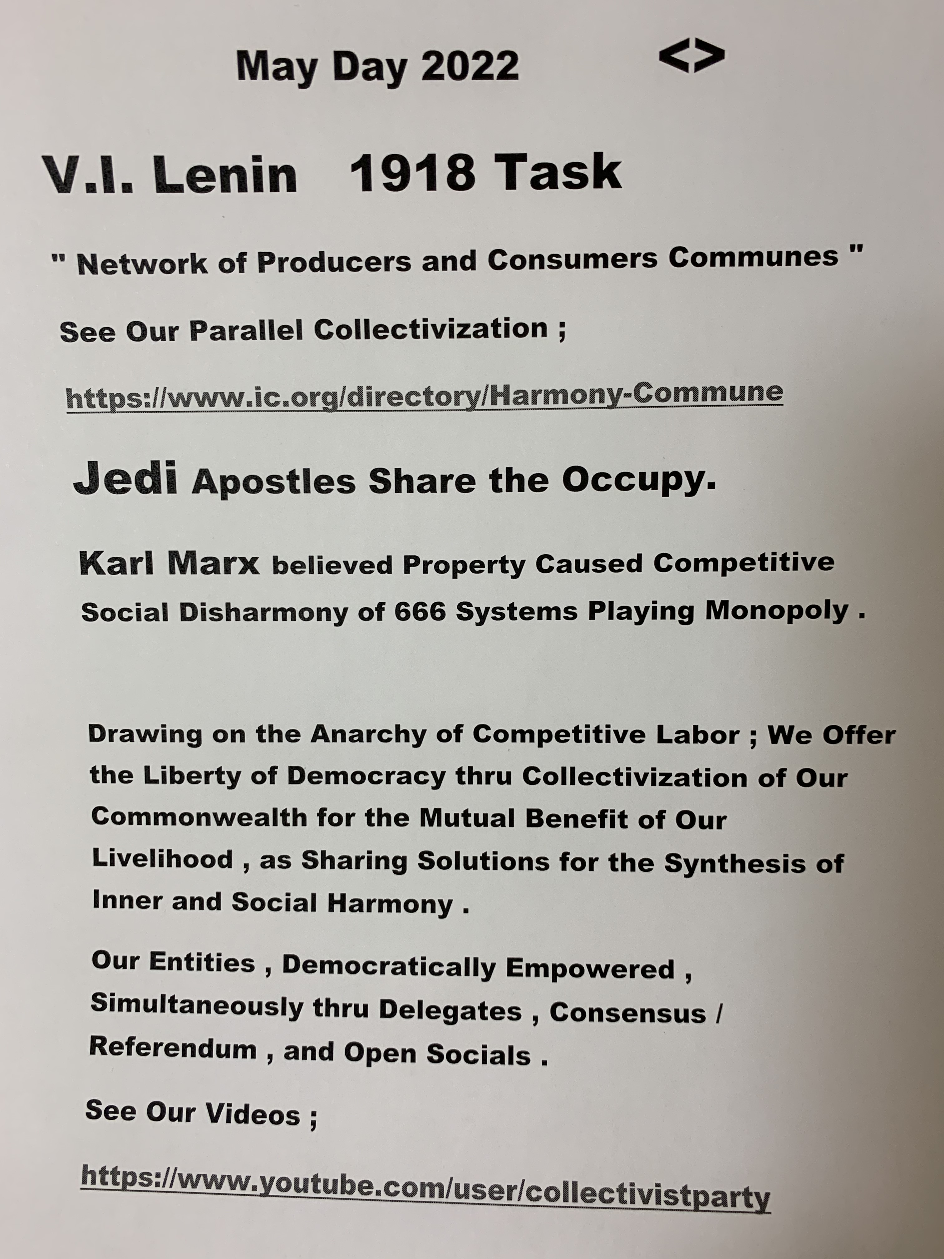 Poster for May Day 2022 at Harmony Commune with Lenin and Marx references.
