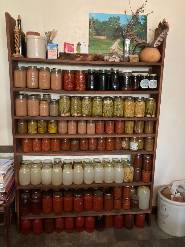 Shelf filled with jars of homemade preserves and canned foods at Sandhill Farm.