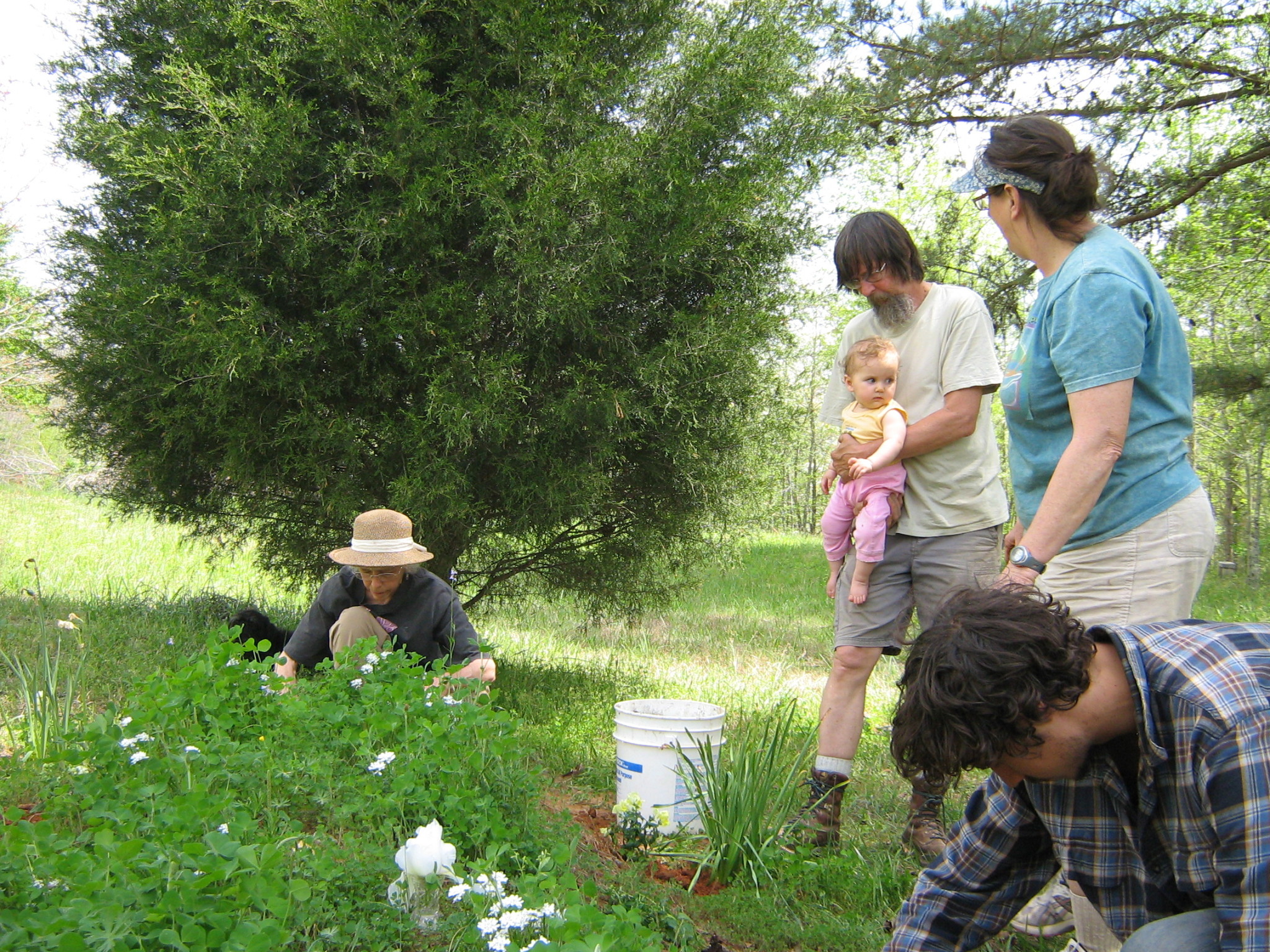 Group of people gardening and enjoying nature outdoors.