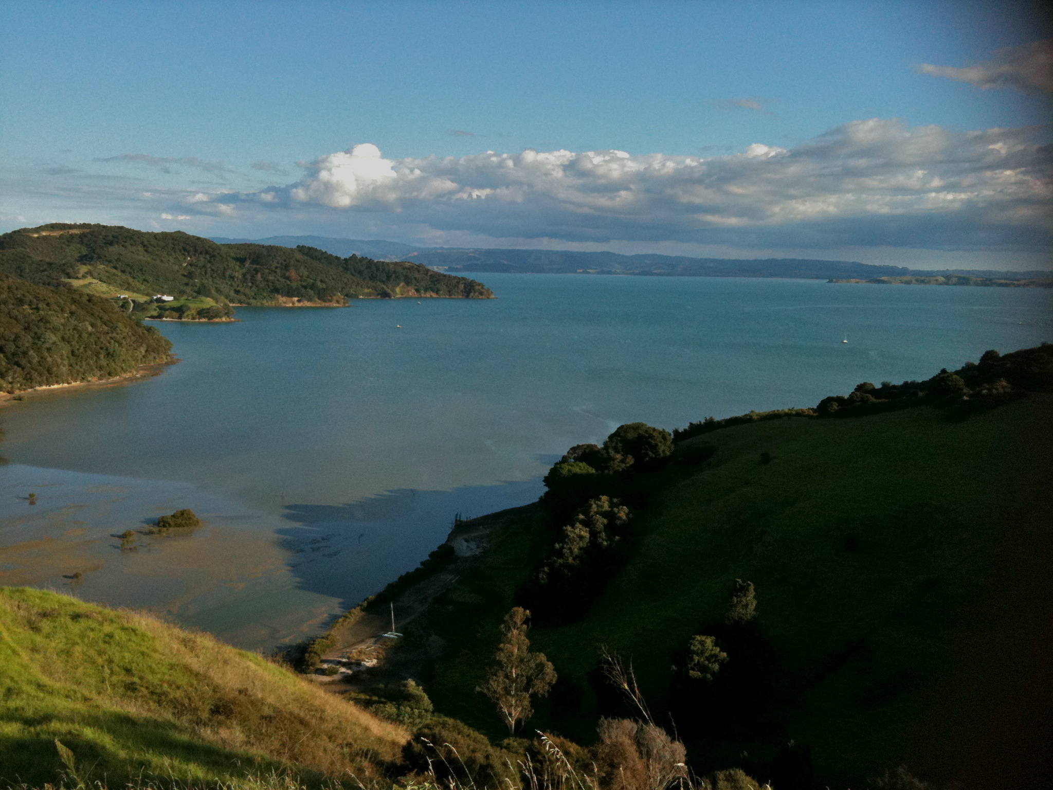 Scenic view of Awaawaroa Bay with lush green hills and calm waters.