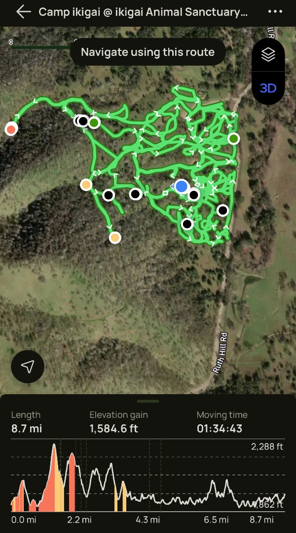 Trail map of Camp Ikigai Animal Sanctuary with marked routes and terrain features.