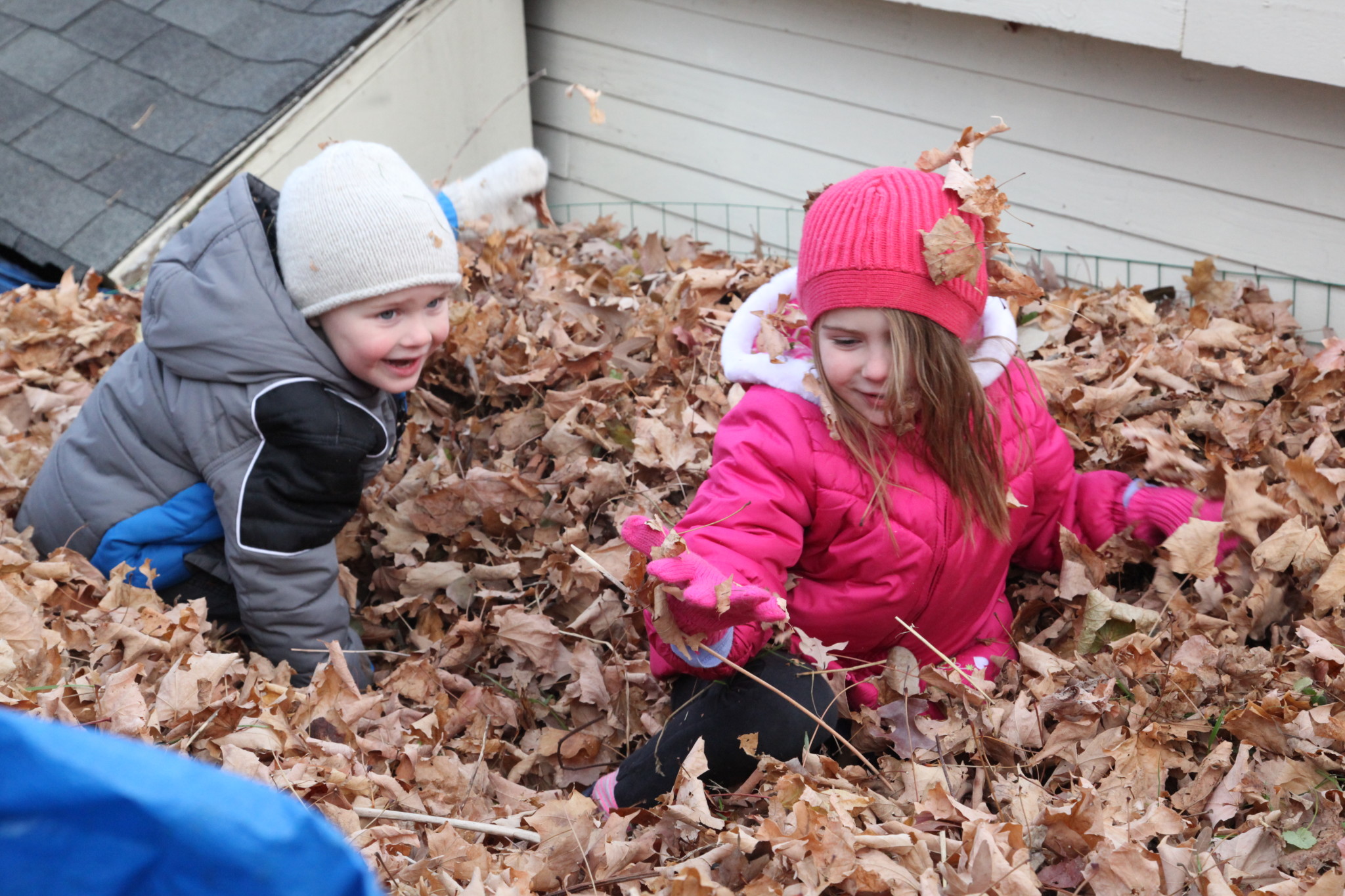 Kids enjoying outdoor fall activity in a leaf pile at a community gathering.