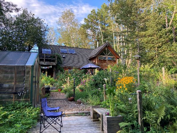 Community garden with lush plants, flowers, and a wooden house in the background.