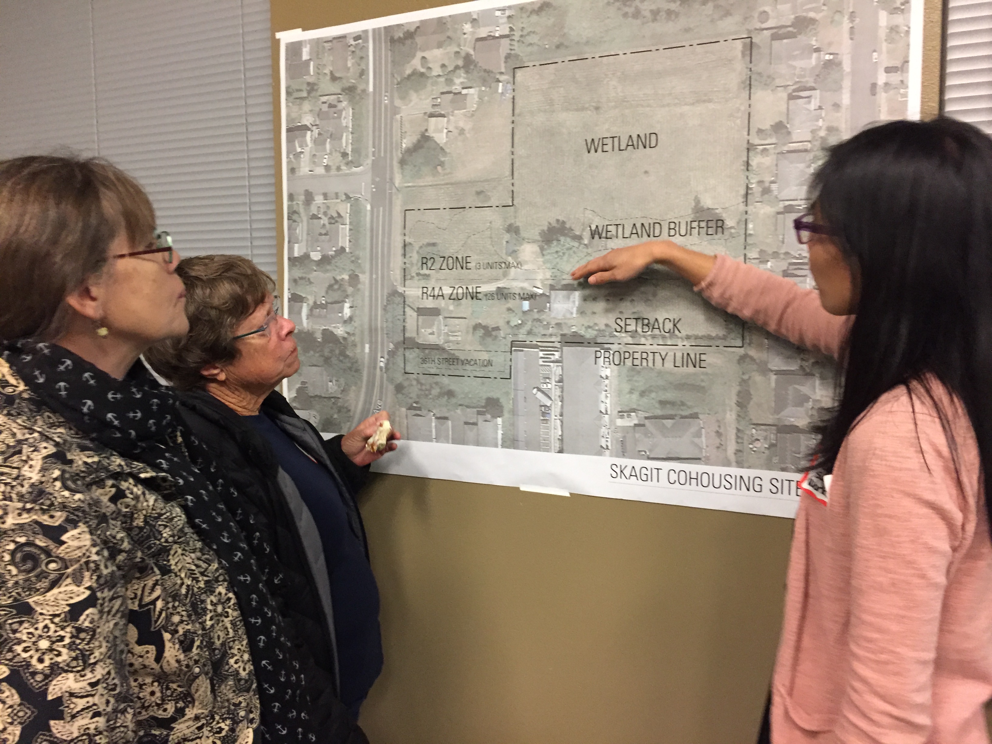 Group discussing Skagit Cohousing site plan with wetlands and property lines.