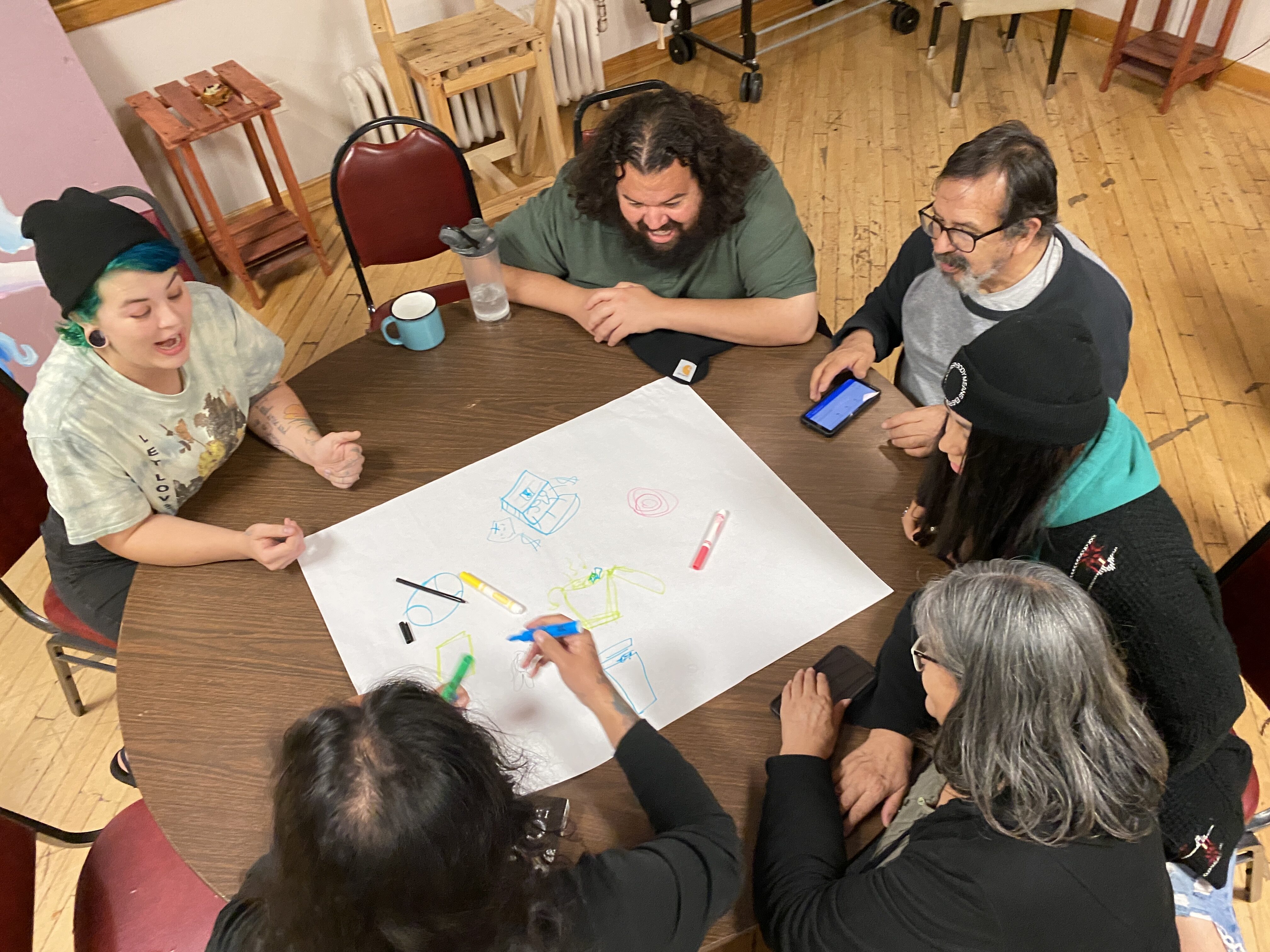 Group of diverse people collaborating around a table with drawings and markers.