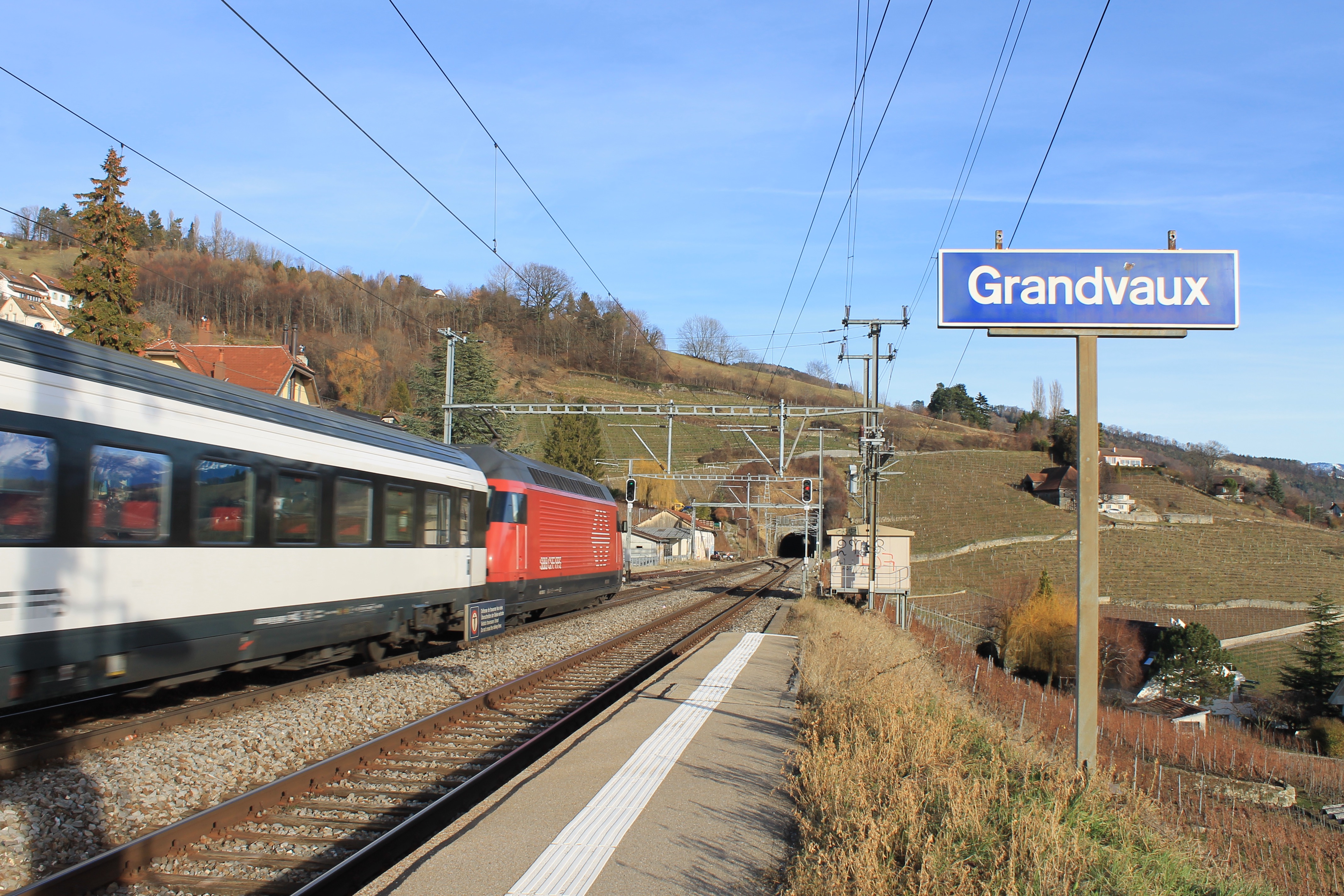 Train arriving at Grandvaux station with scenic hillside background.