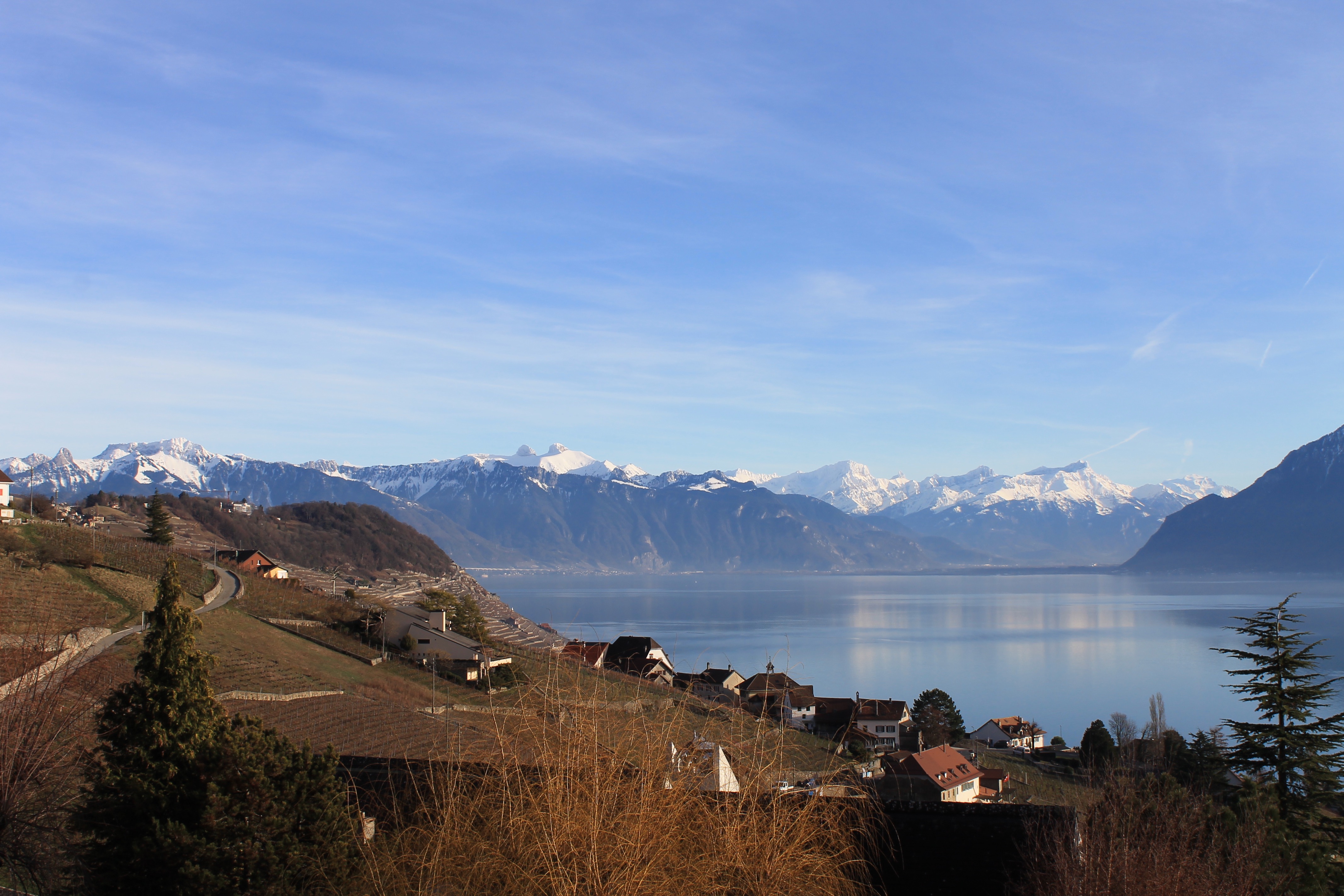 Beautiful lake with snow-capped mountains in the background and a small village in the foreground.