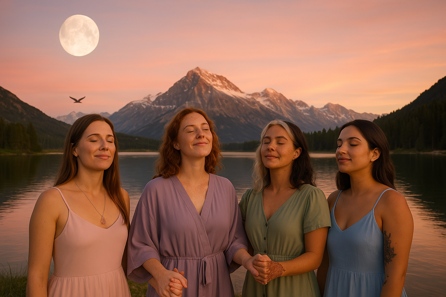 Group of four women standing by a lake at sunset with mountains in background.