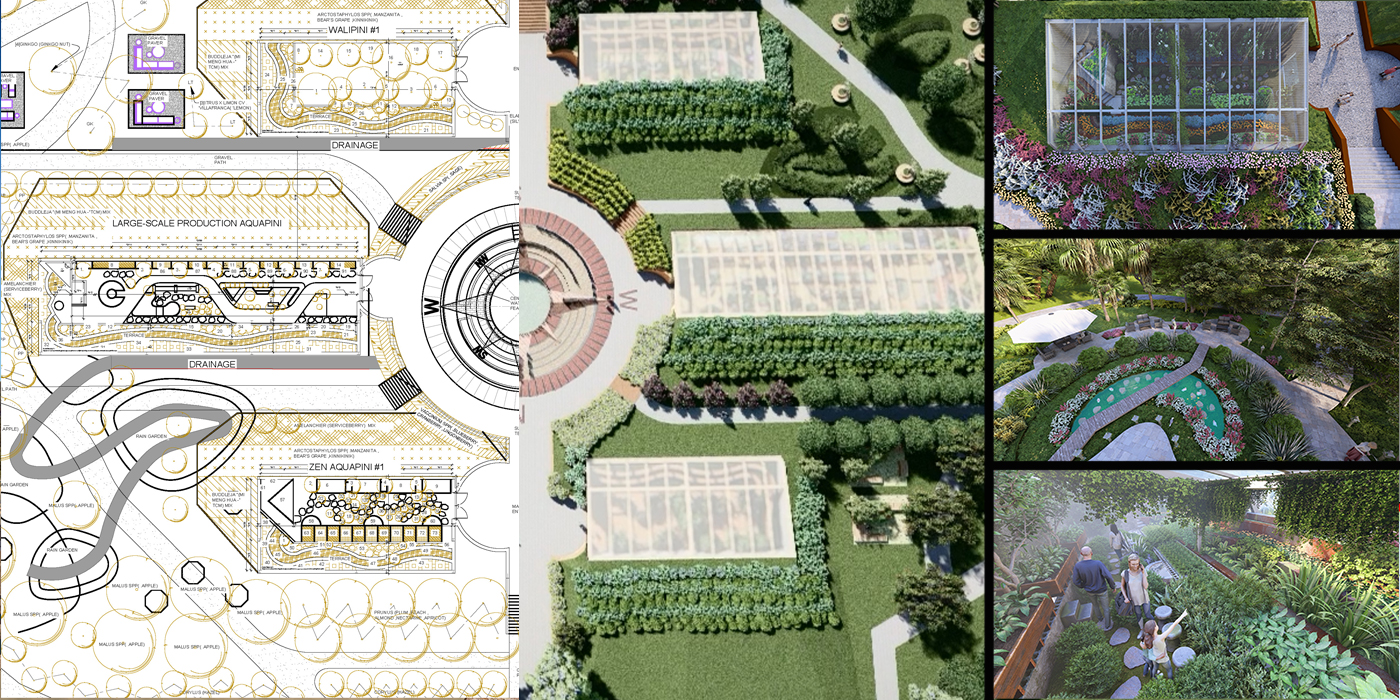 Aerial view of community greenhouses, gardens, and outdoor gathering areas.