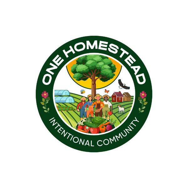 Logo of ONE Homestead Intentional Community with trees, garden, and community members.