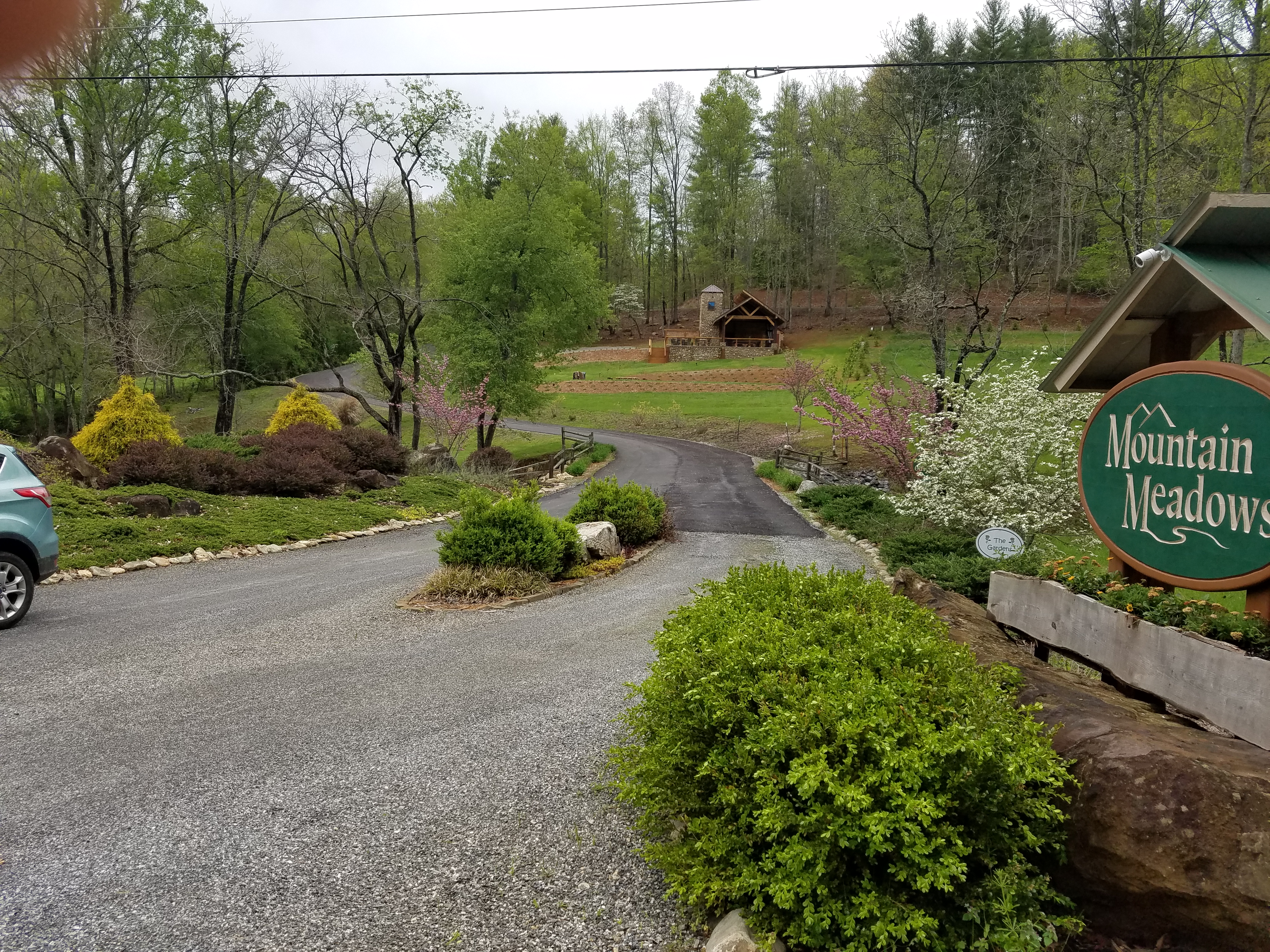 Scenic view of Mountain Meadows with greenery and cabins in Asheville.